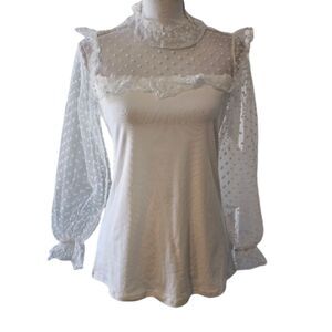 Mock Neck Sheer White Swiss Dot Ruffle Long Sleeve Blouse Sz M